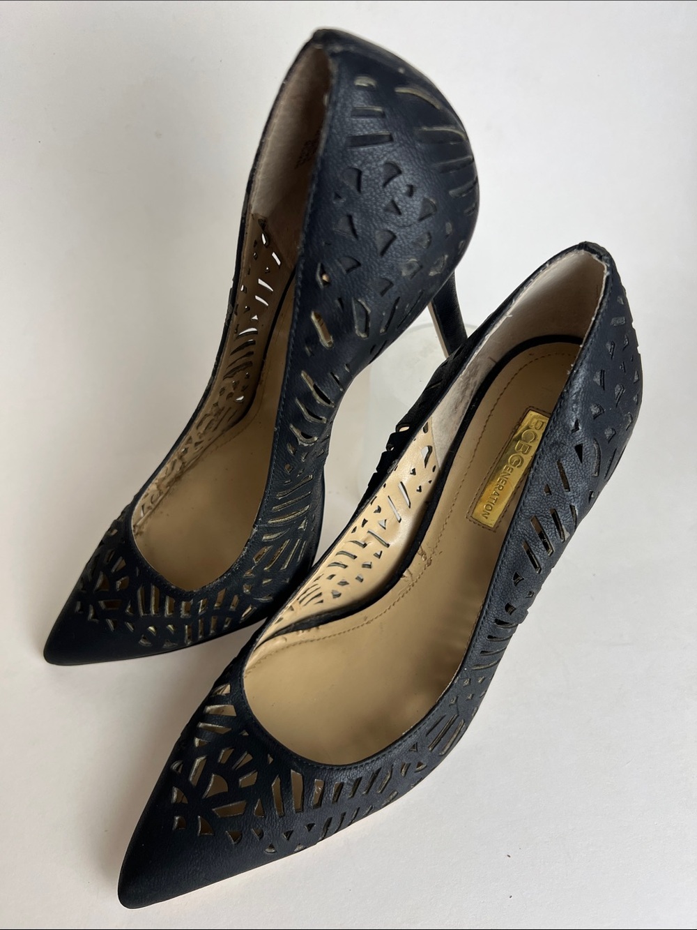 BCBGeneration Black Laser-Cut Pointed High Heel Pumps